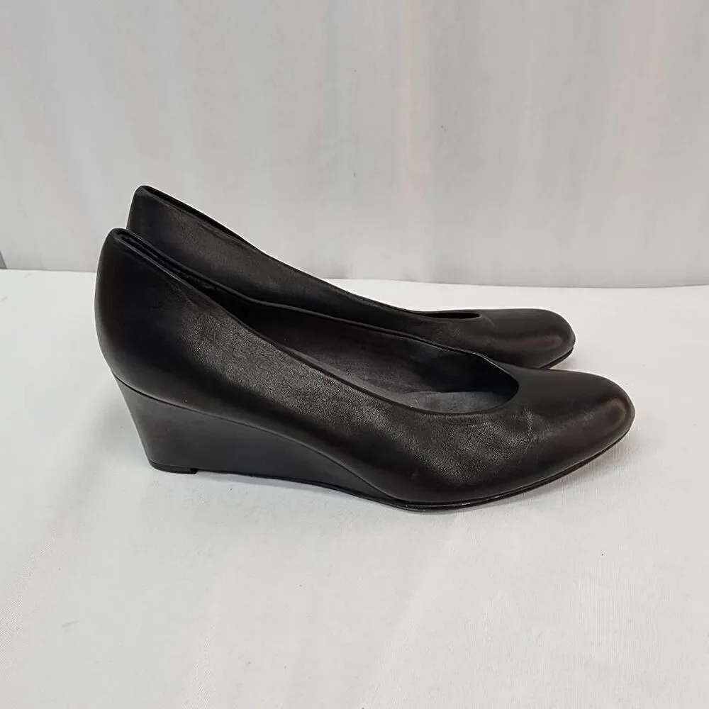 Stuart Weitzman Size 8 Black Leather Women's Wedge Slip On Almond Toe Heel Pumps - Picture 3 of 10
